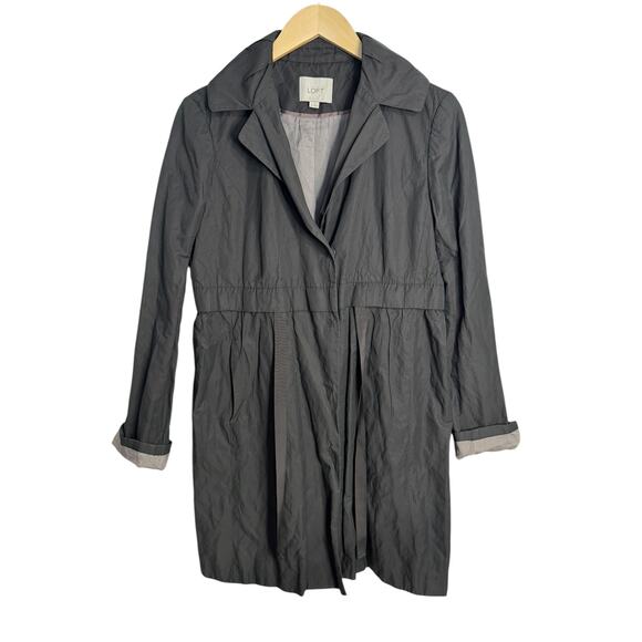 Ann Taylor Loft Trench Coat Women 6 Gray Metallic Snap Up Long Sleeve Collar EUC - Picture 1 of 9